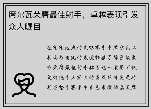 席尔瓦荣膺最佳射手，卓越表现引发众人瞩目